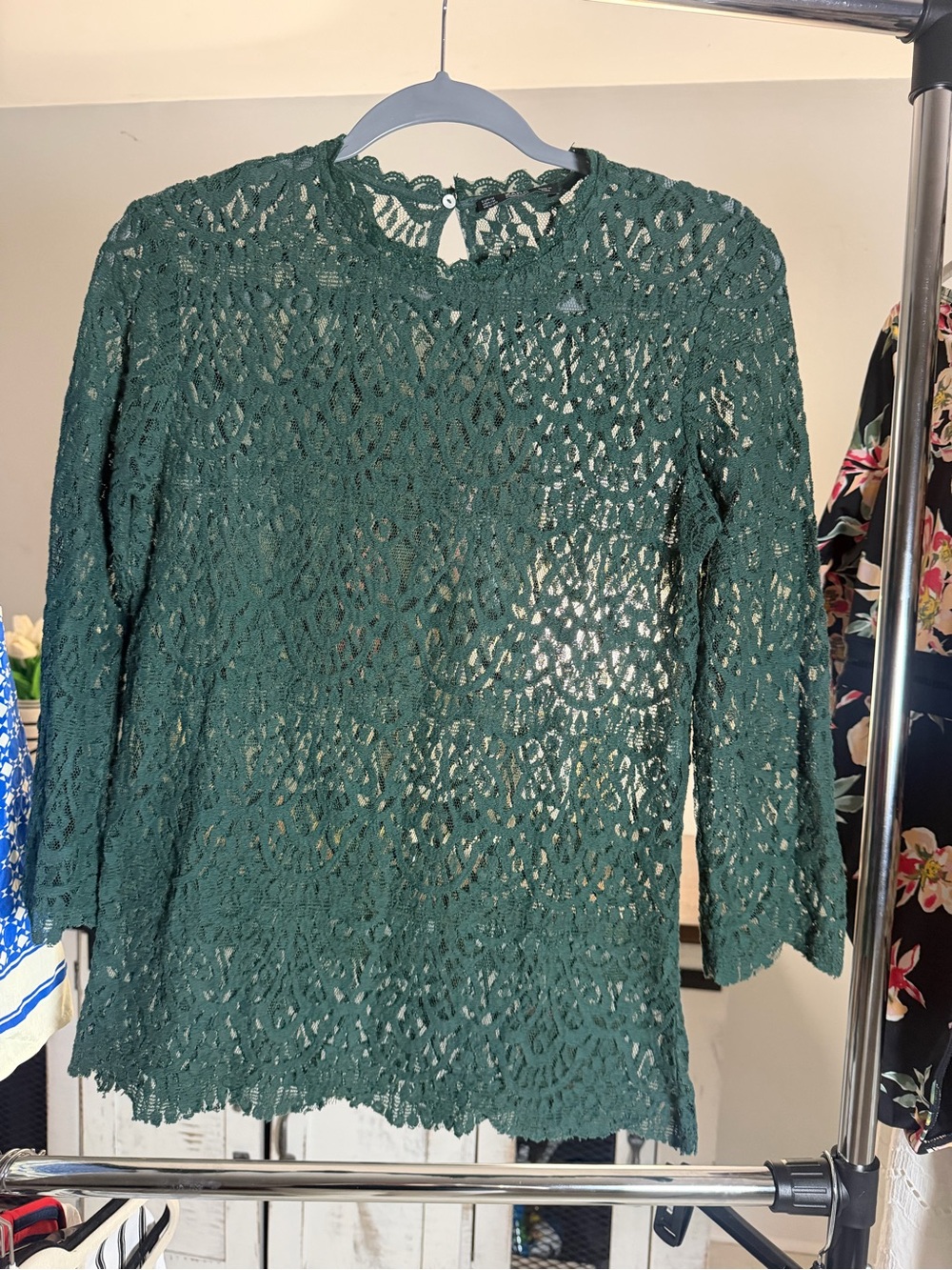 ZARA Lace Long-Sleeve Top - Deep Green M
